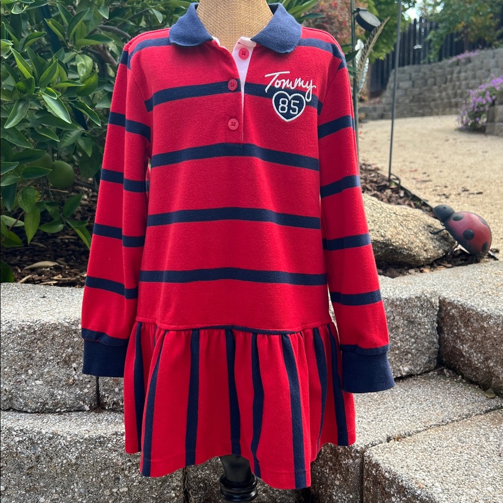 Tommy Hilfiger Red and Navy Striped Cotton Blend Polo Dress